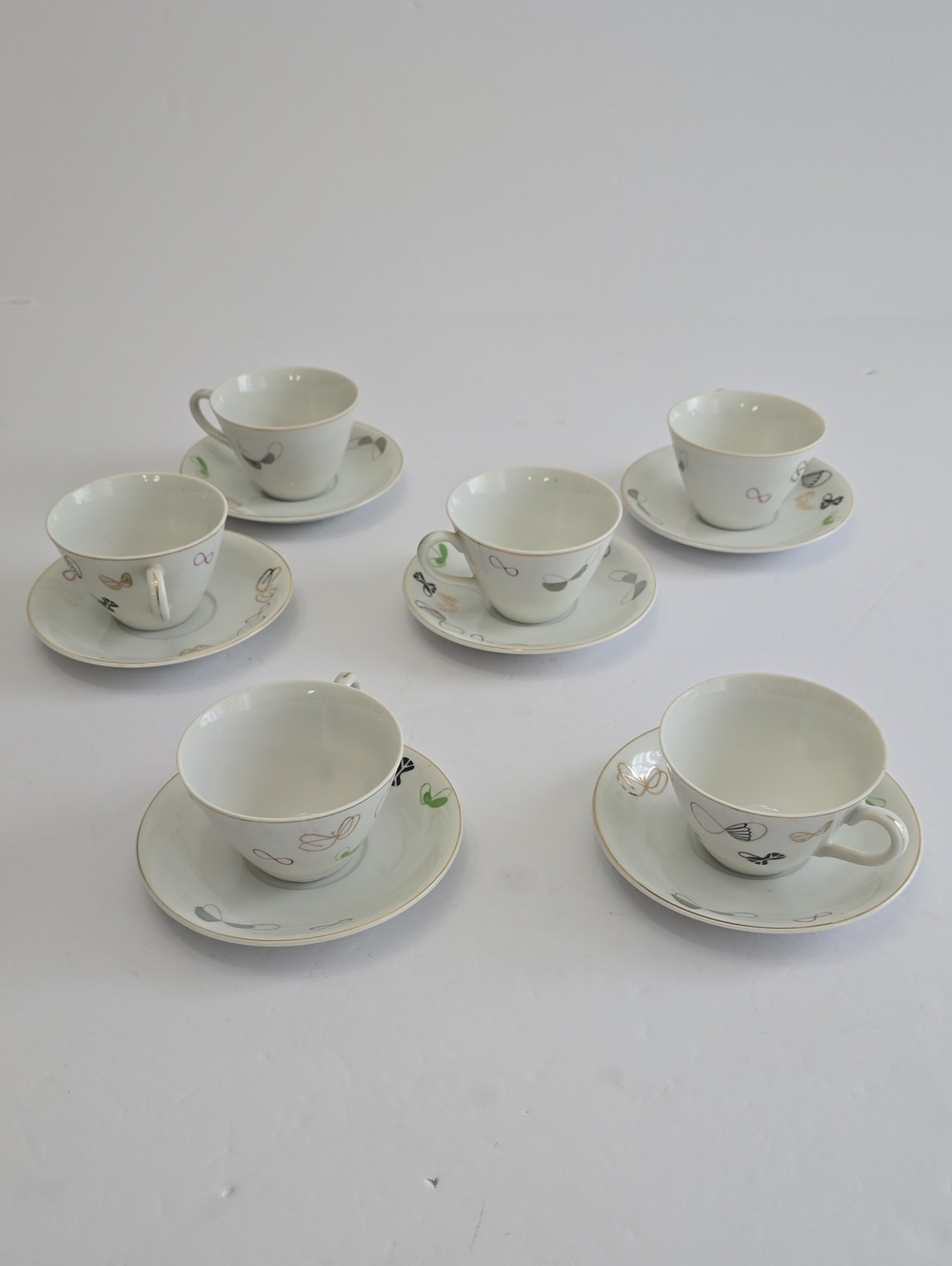 Vintage Napco 6 Tea Cups 6 Saucers Loops & Bows Ceramic BowsButterflies Japan